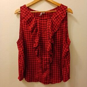 ELLE Women's Top Size Extra‎ Large Black Red Sleeveless Ruffle Front Houndstooth